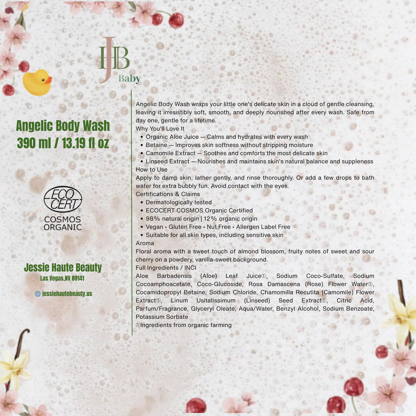 Product label for Jessie Haanee Beauty Angelic Body Wash with floral design and text.