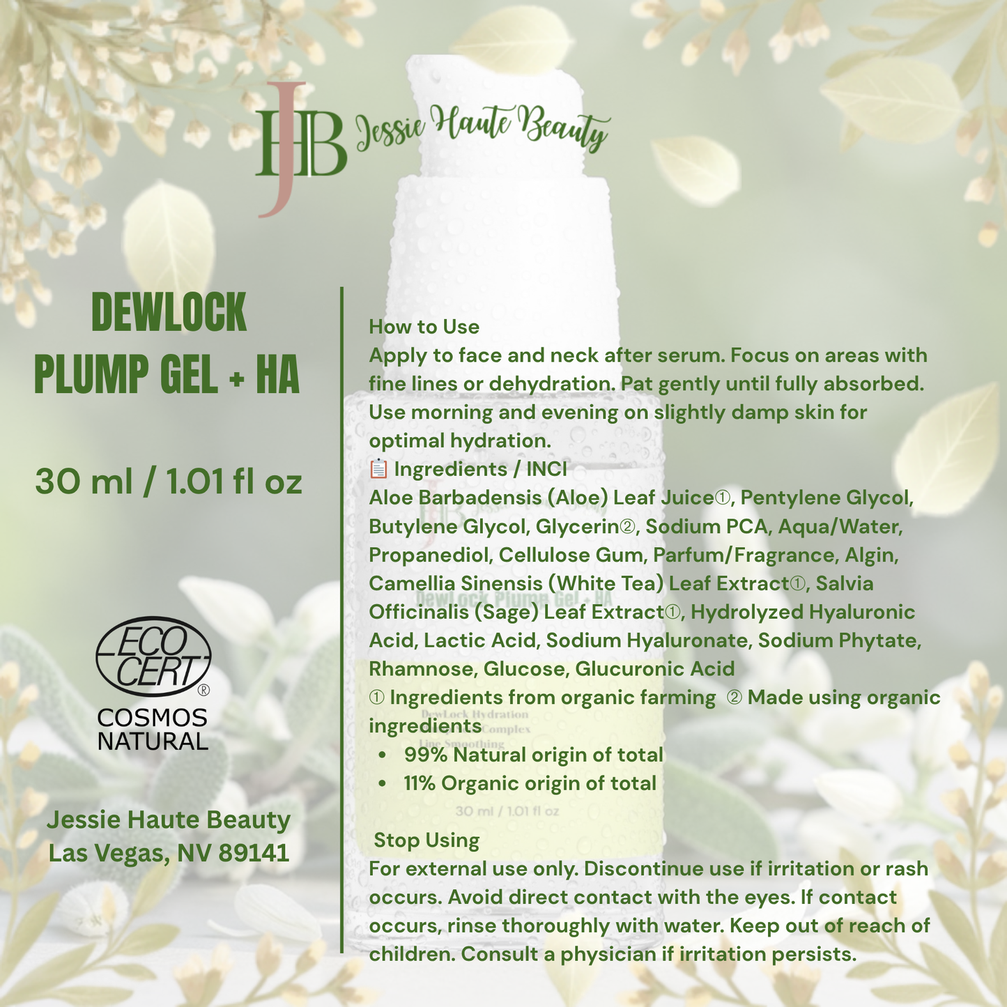 Jessie Haute Beauty Dewlock Plump Gel + HA product packaging with ingredients and usage instructions.