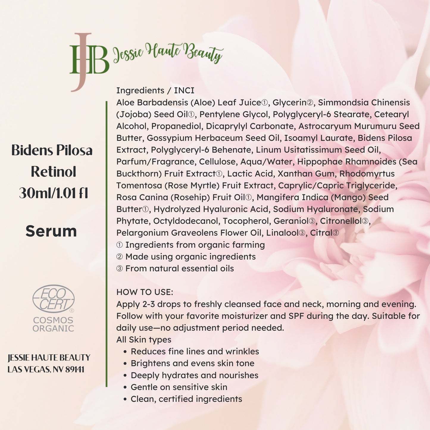Jessie Haute Beauty serum packaging with ingredients list and product details.