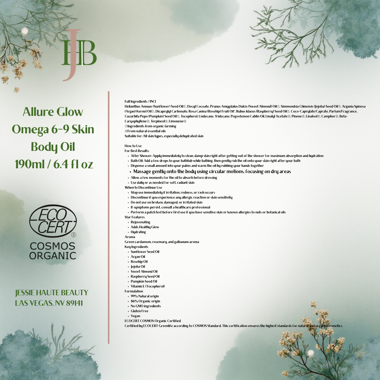 Product label for Allure Glow Omega 6-9 Skin Body Oil by Jessie Haute Beauty with botanical designs.