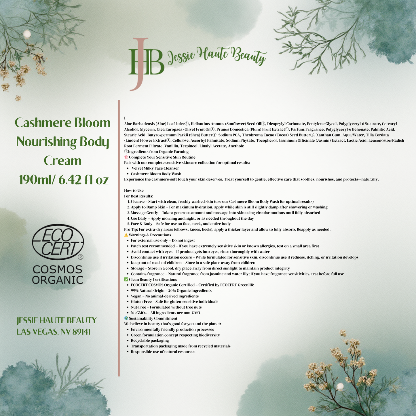 Product label for Cashmere Bloom Nourishing Body Cream by Jessie Haute Beauty with eco-certifications on a nature-themed background.