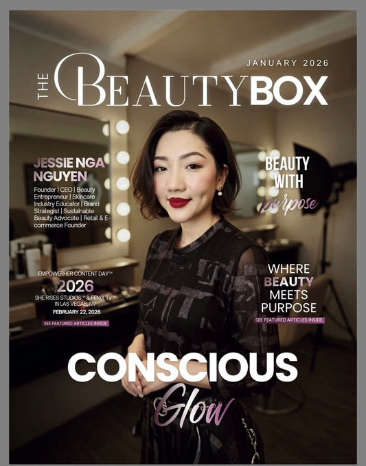 Jessie Nga Nguyen featured on the cover of The Beauty Box Magazine January 2026 - Beauty with Purpose, Conscious Glow