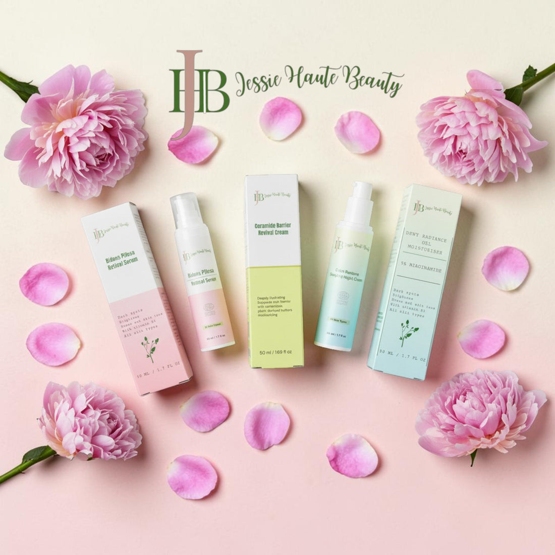Mother's Day clean luxury skincare flat lay with Jessie Haute Beauty products and pink peonies