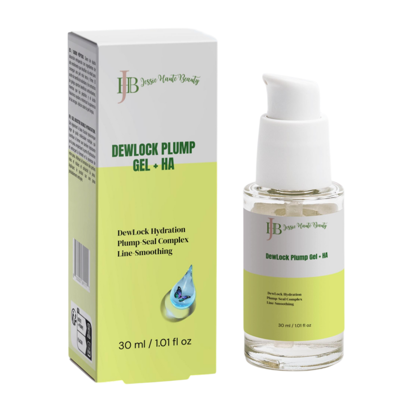 Jessie Harte Beauty Dewlock Plump Gel + HA packaging and bottle on a white background