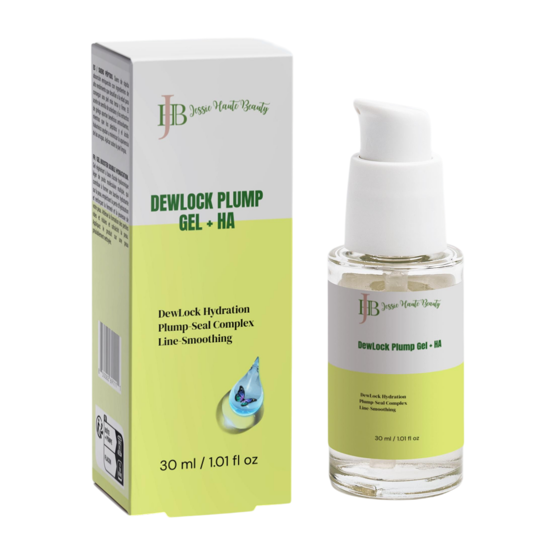 Jessie Harte Beauty Dewlock Plump Gel + HA packaging and bottle on a white background