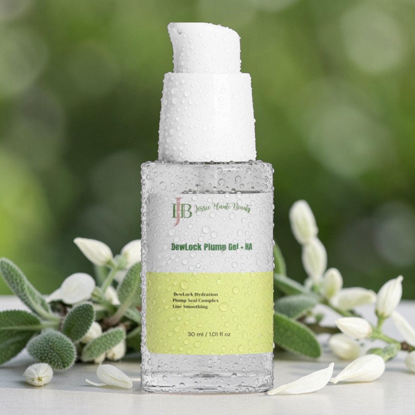 Skincare bottle with greenery in the background