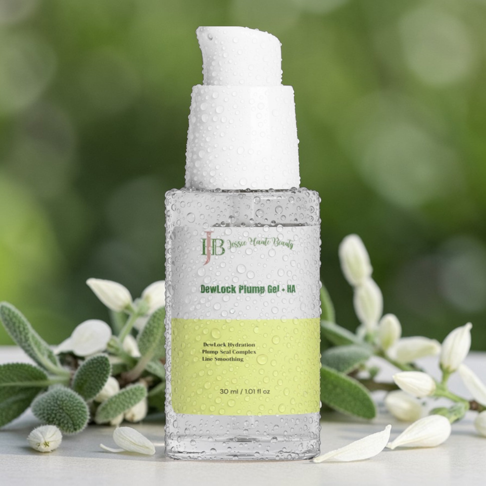 Skincare bottle with greenery in the background