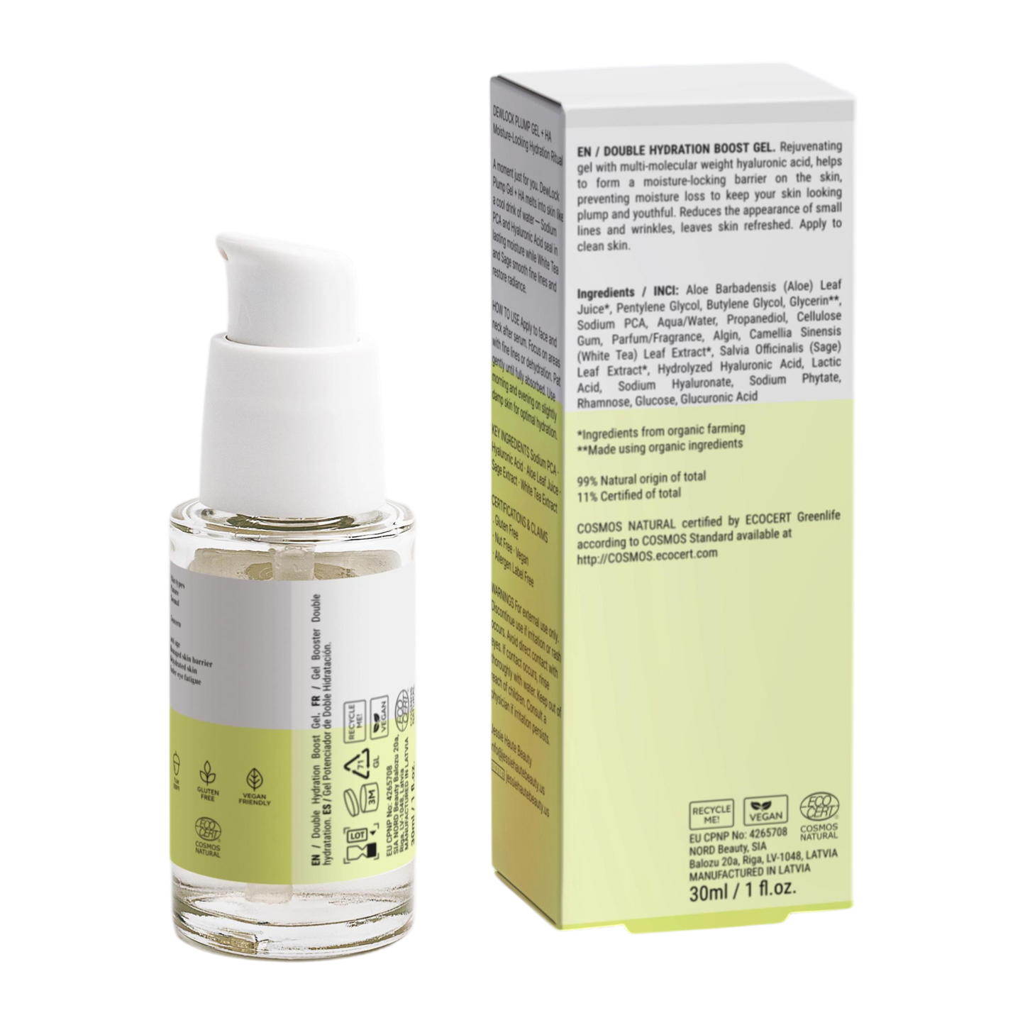 Skincare bottle and packaging with text on a white background