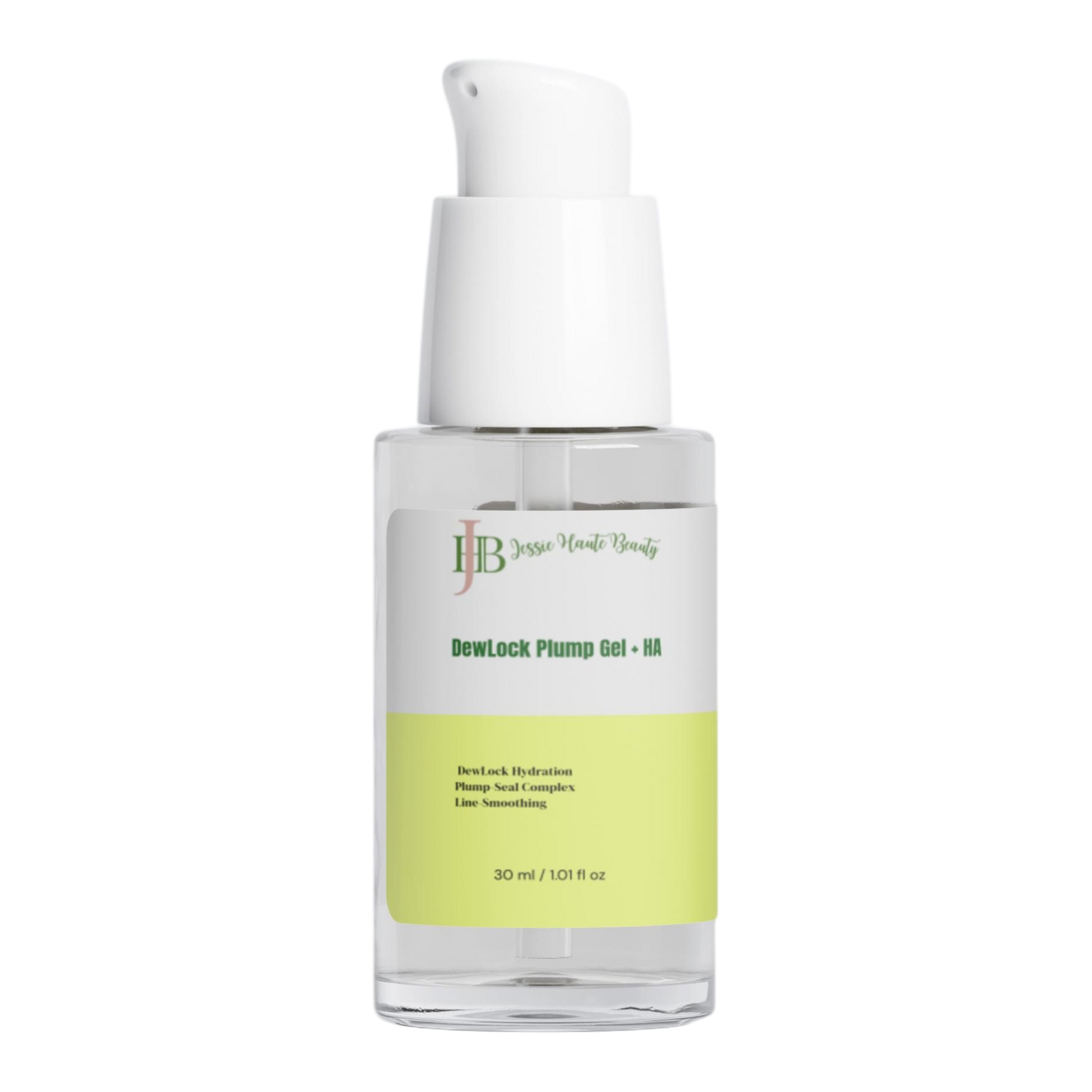 Skincare bottle with a white cap and green label on a white background