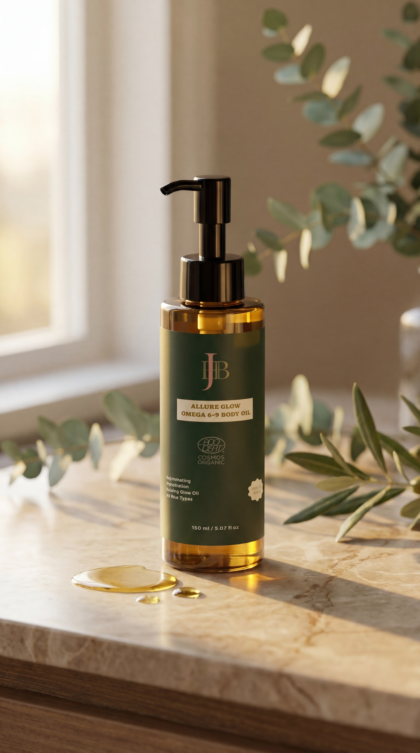 Jubilee & Noble hair and body wash bottle on a marble surface with greenery in the background
