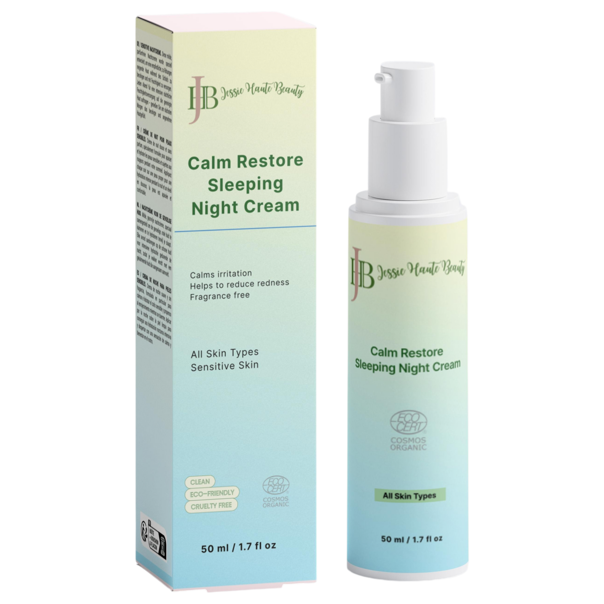 Jessie Hane Beauty Calm Restore Sleeping Night Cream with packaging on a white background