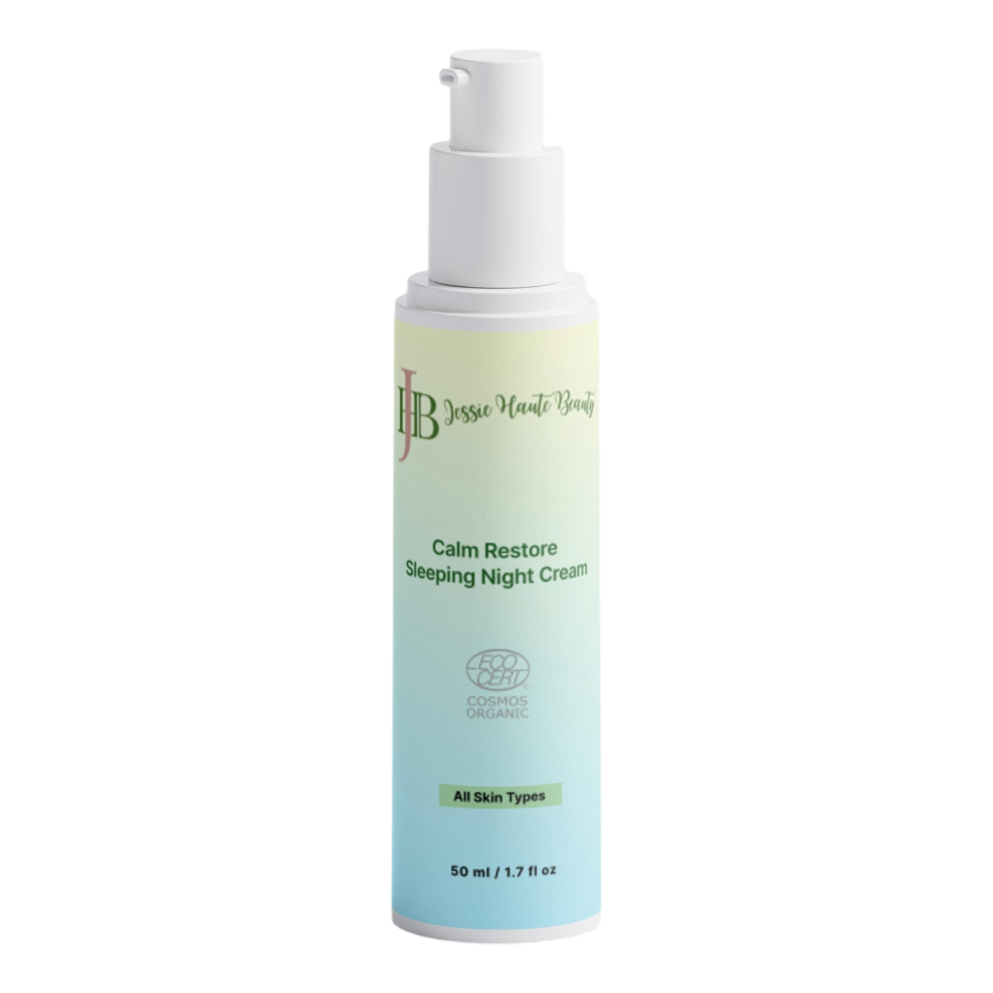Skincare bottle labeled 'Calm Restore Sleeping Night Cream' on a white background