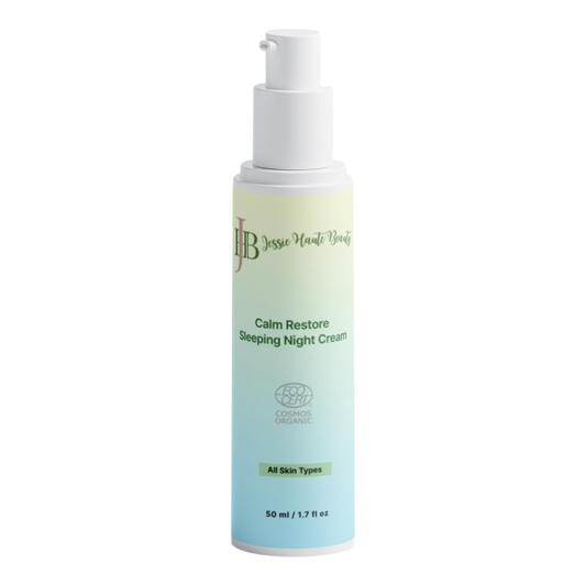 Skincare bottle labeled 'Calm Restore Sleeping Night Cream' on a white background