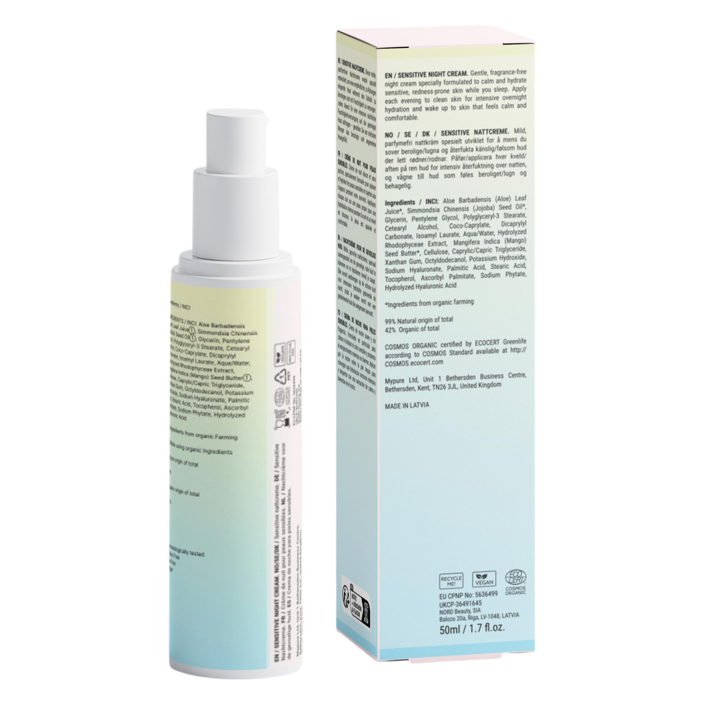 Skincare bottle and box with gradient design on a white background