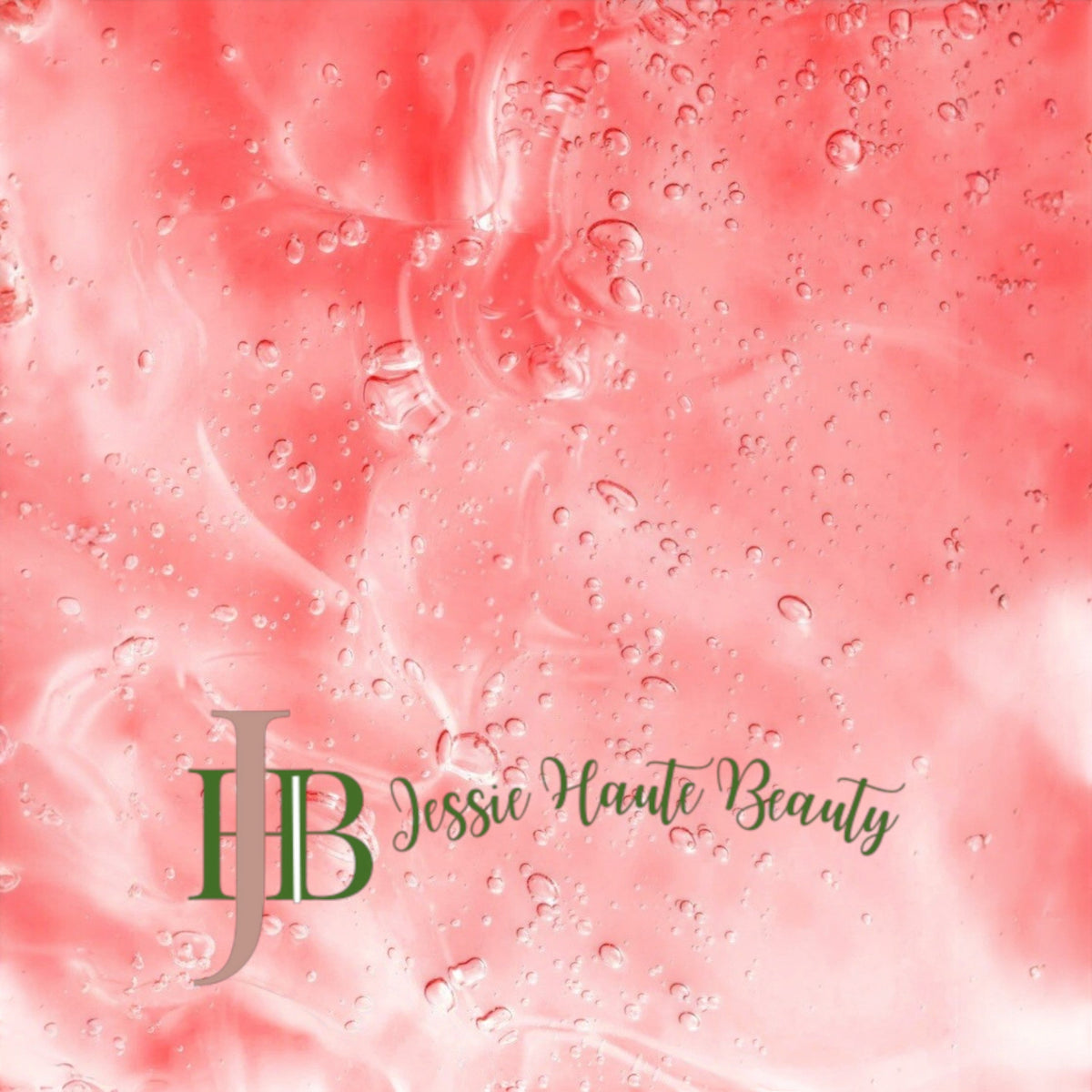Pink watercolor background with droplets and 'Jessie Haute Beauty' logo.