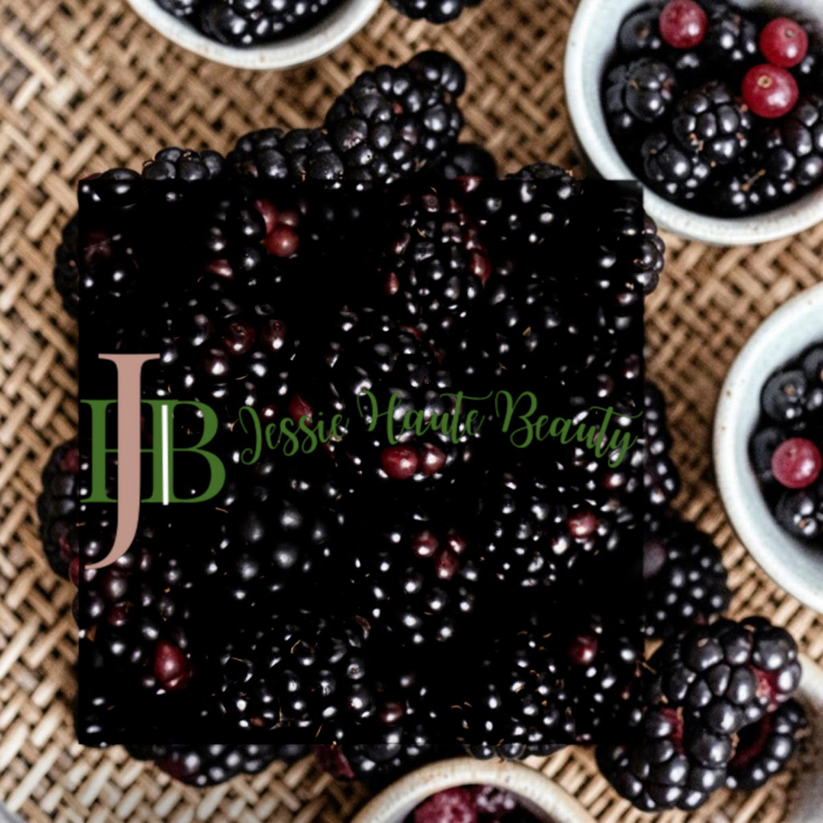 Blackberry product with 'Jessie Harte Beauty' branding on a woven surface