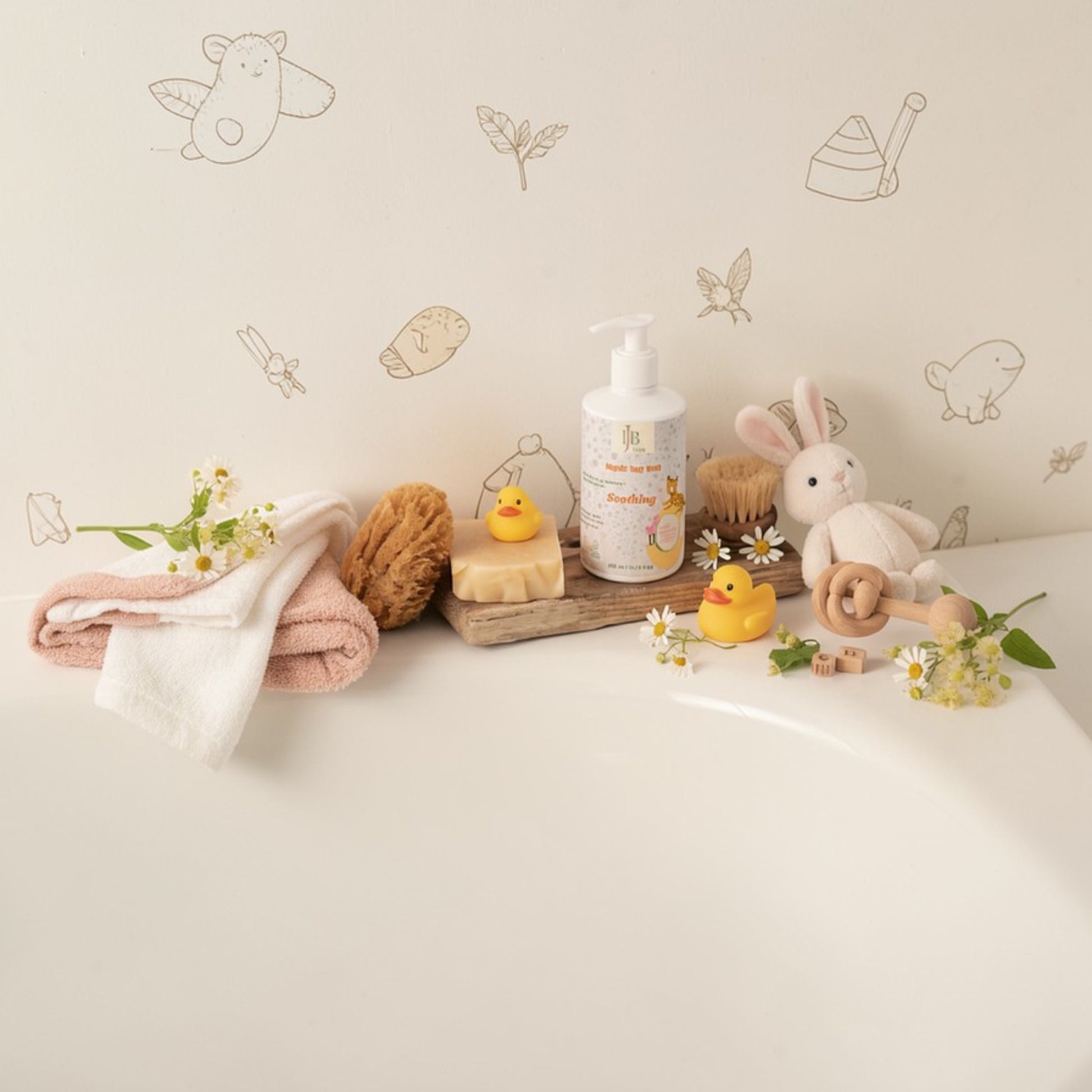 Bathroom setup with baby bath products, toys, and towels on a bathtub.
