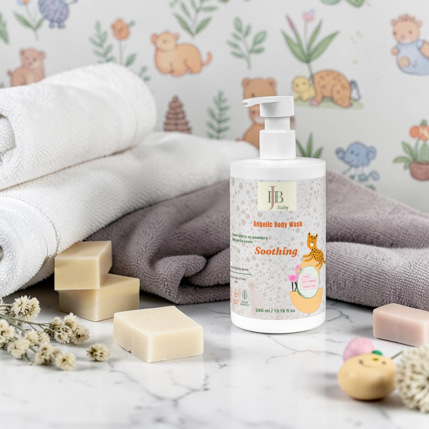Baby care products including a bottle of body wash, soap bars, and toys on a marble surface with a soft toy background.