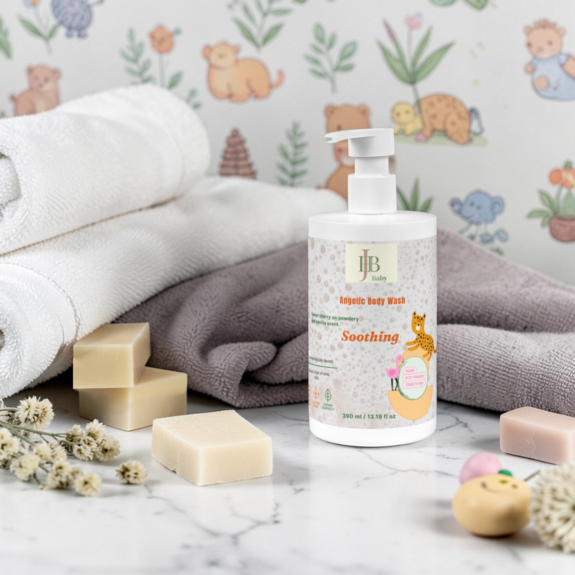 Baby care products including a bottle of body wash, soap bars, and toys on a marble surface with a soft toy background.