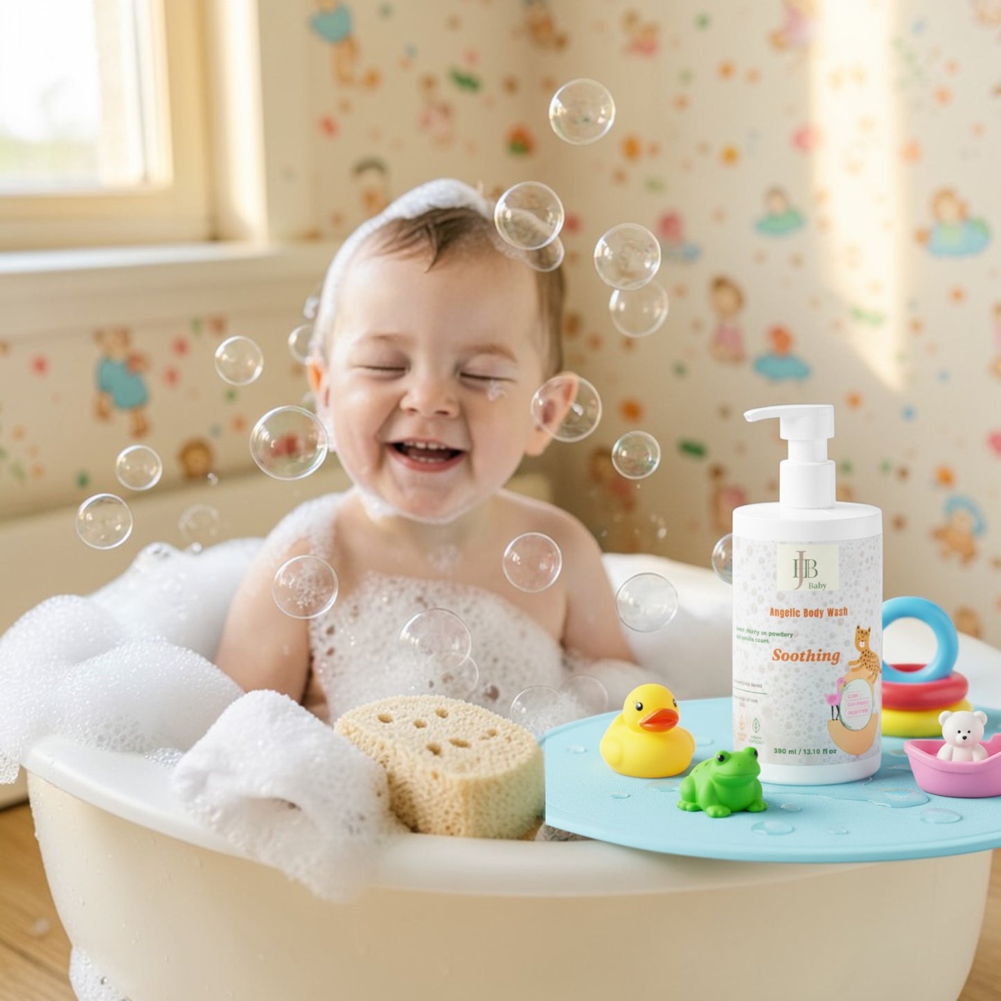 Child in a bathtub with bubbles, bath toys, and a bottle of soap.