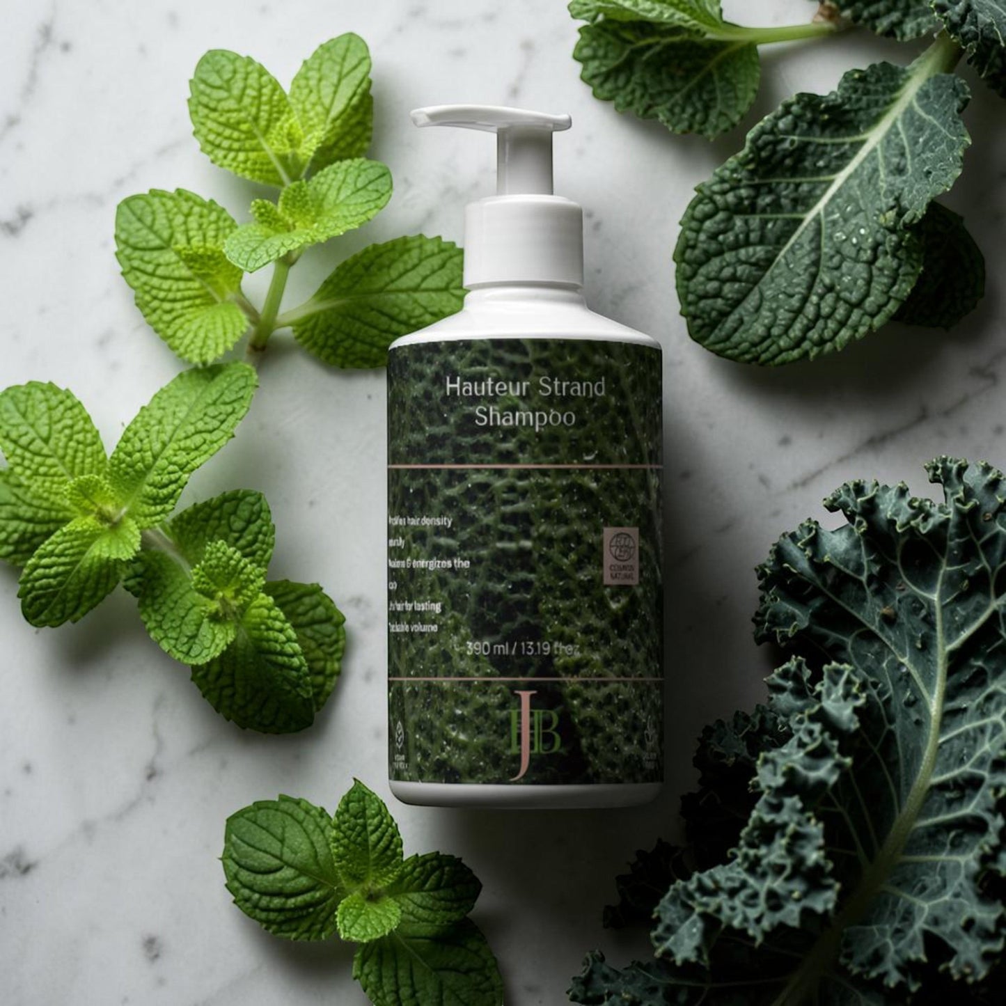 Shampoo bottle with green leaves on a marble surface