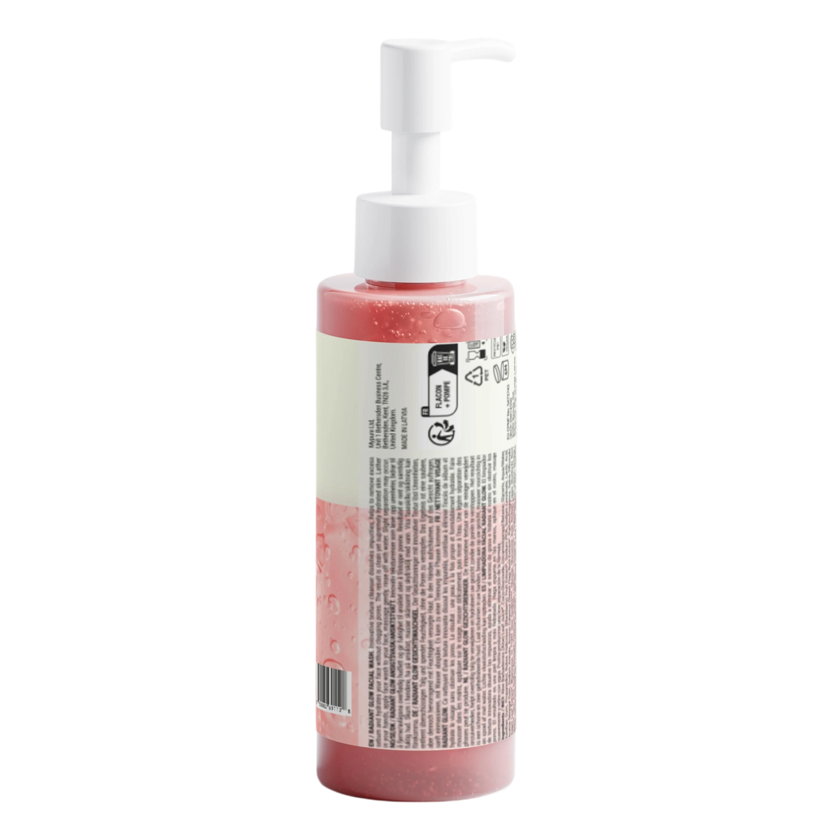 Bottle with pink liquid and white label on a white background