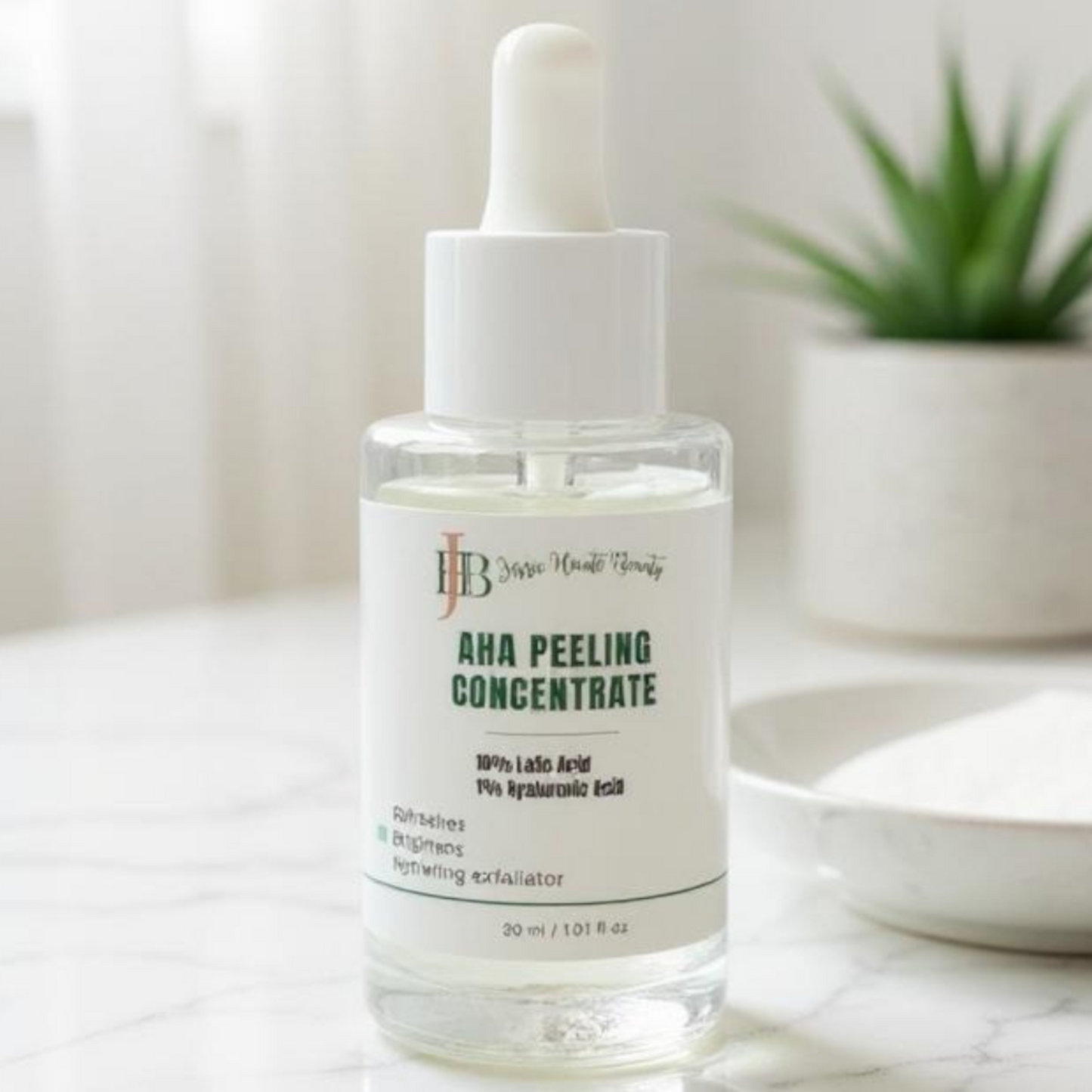 Bottle of AHA Peeling Concentrate on a white surface with a plant in the background