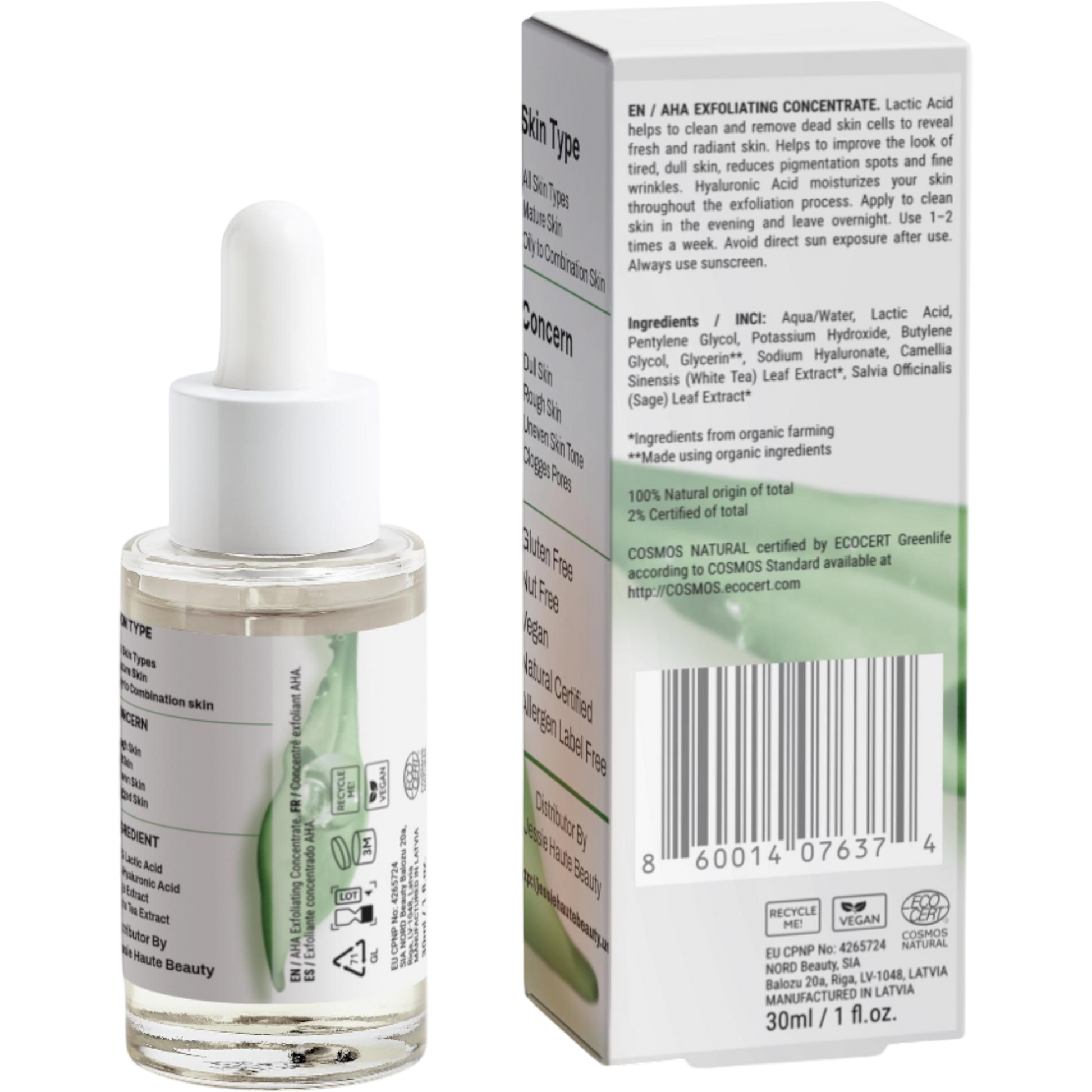Skincare serum bottle with dropper and its back of packaging on a white background 