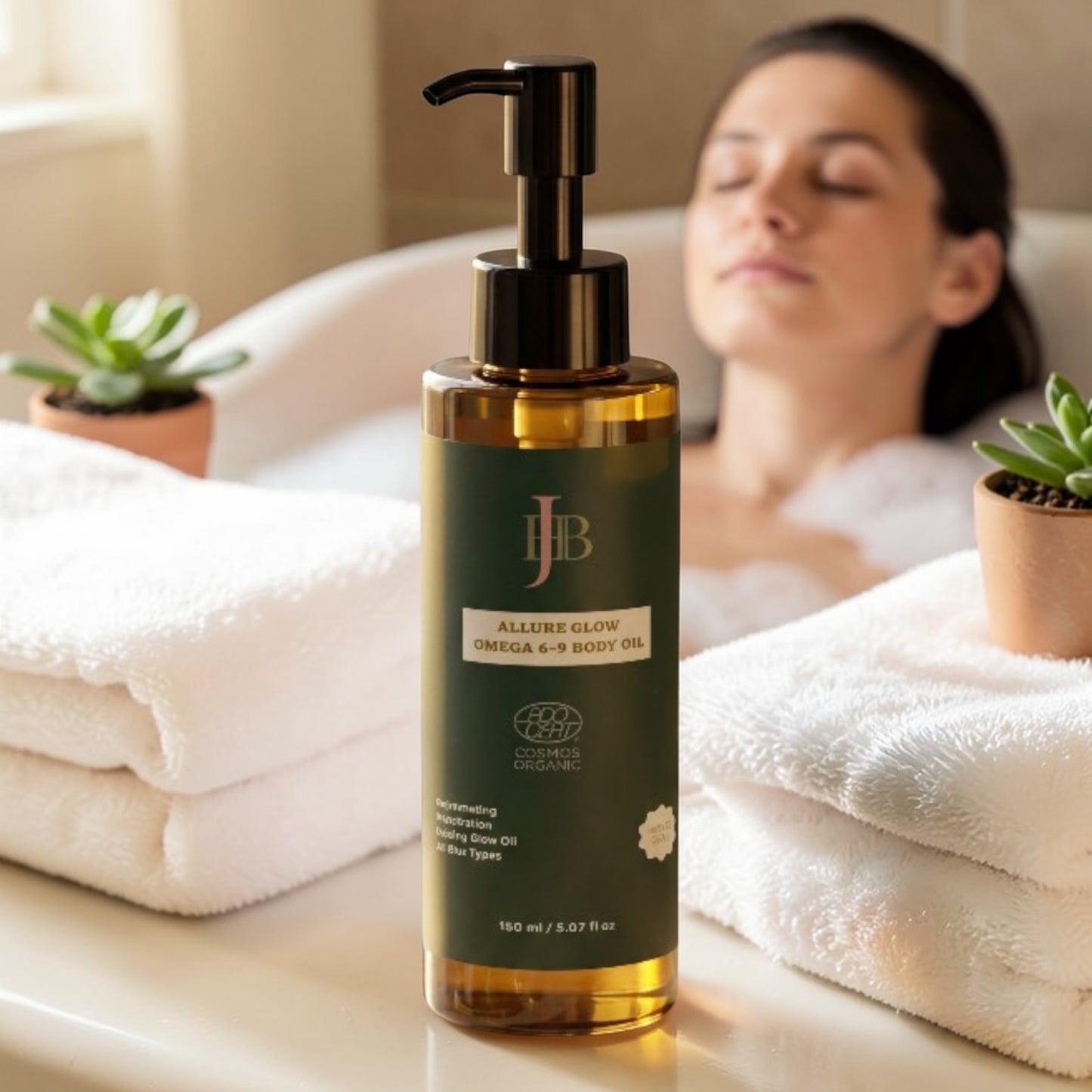Bottle of JJB Allure Glow Omega 6-9 Body Oil on a surface with a blurred background of a person in a bathtub.
