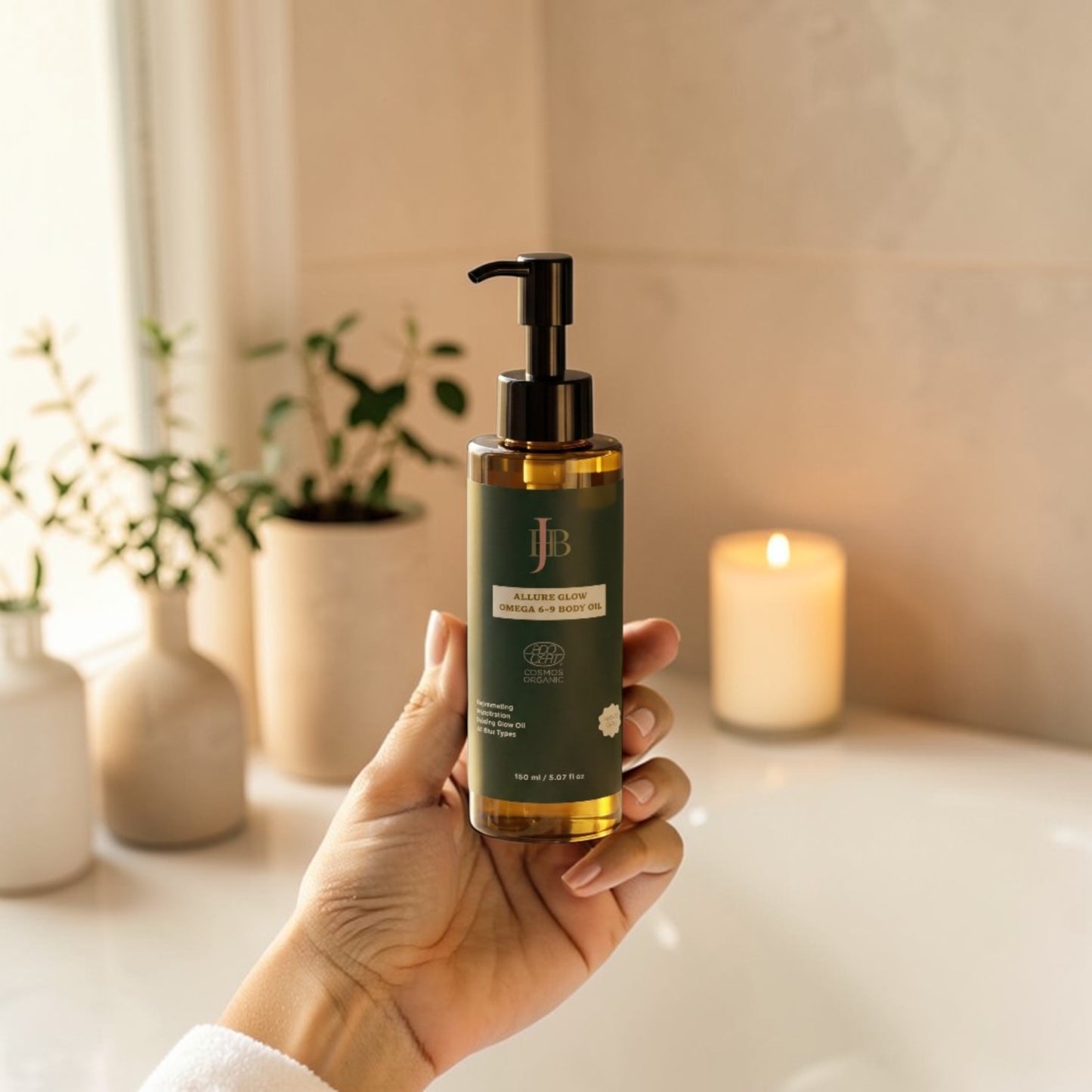 Hand holding a bottle of JB skincare product with a blurred indoor setting