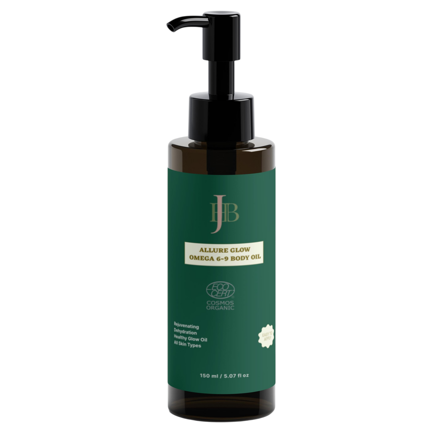 Green bottle of Allure Glow Omega 6-9 Body Oil with pump on a white background