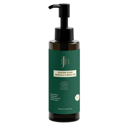 Green bottle of Allure Glow Omega 6-9 Body Oil with pump on a white background