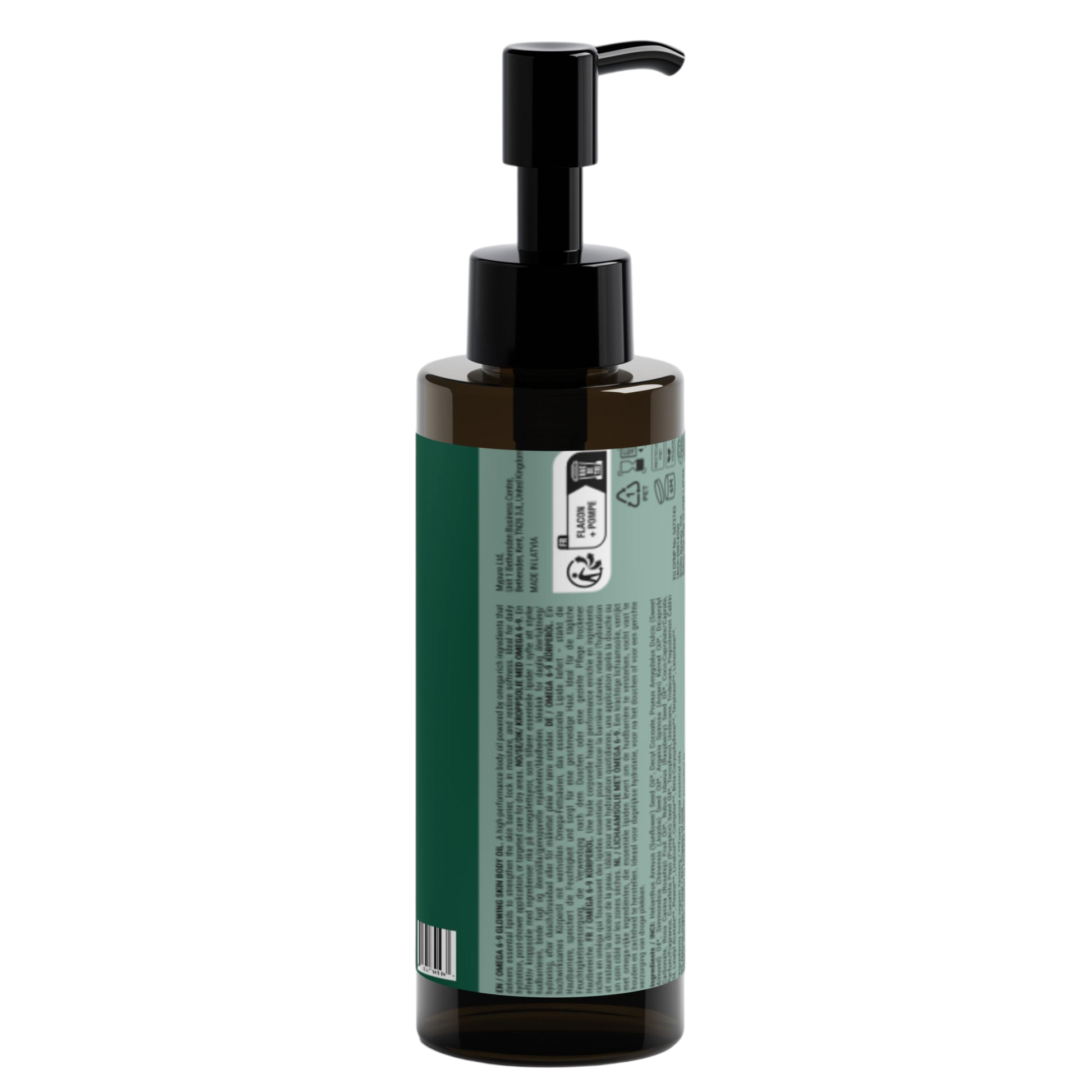 Bottle with pump and green label on a white background