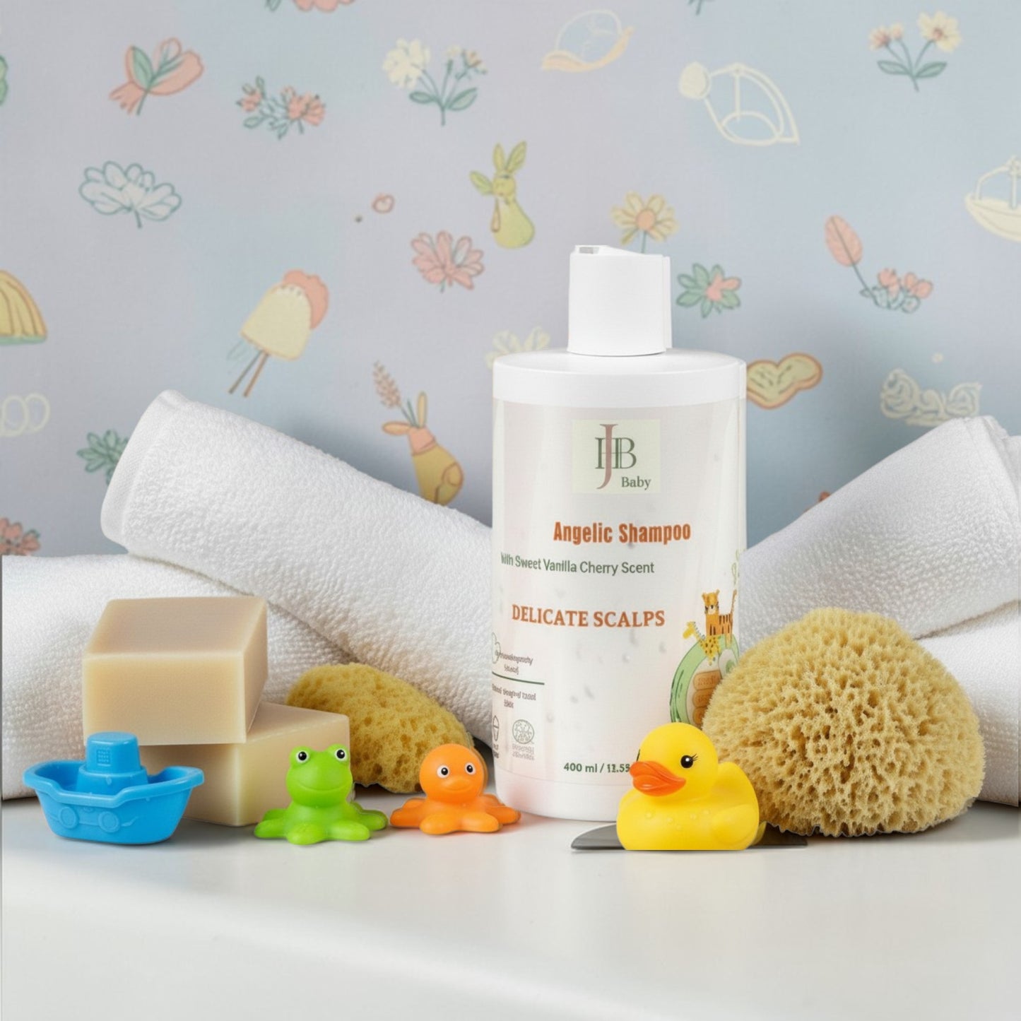 Baby shampoo bottle with bath items on a floral background