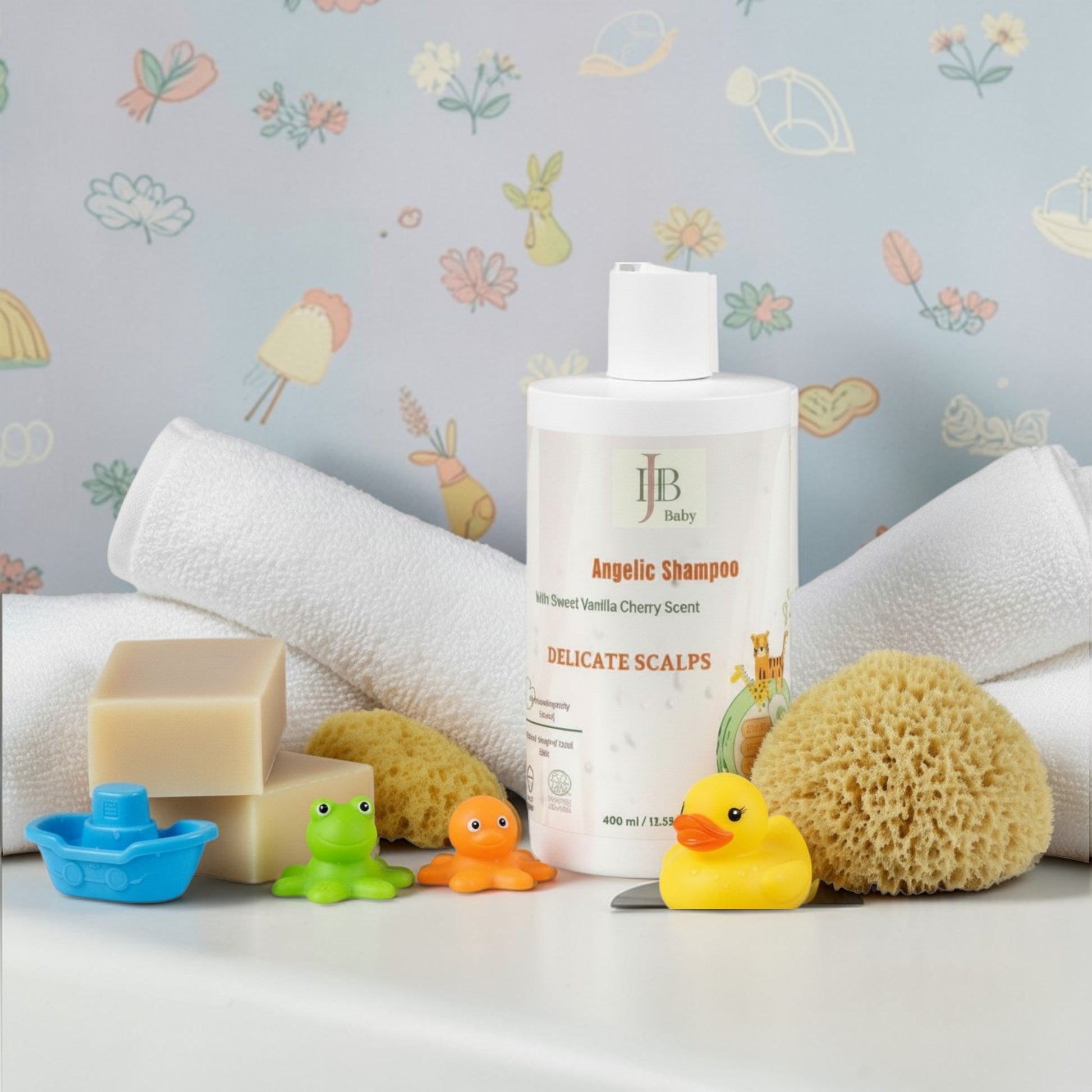 Baby shampoo bottle with bath items on a floral background