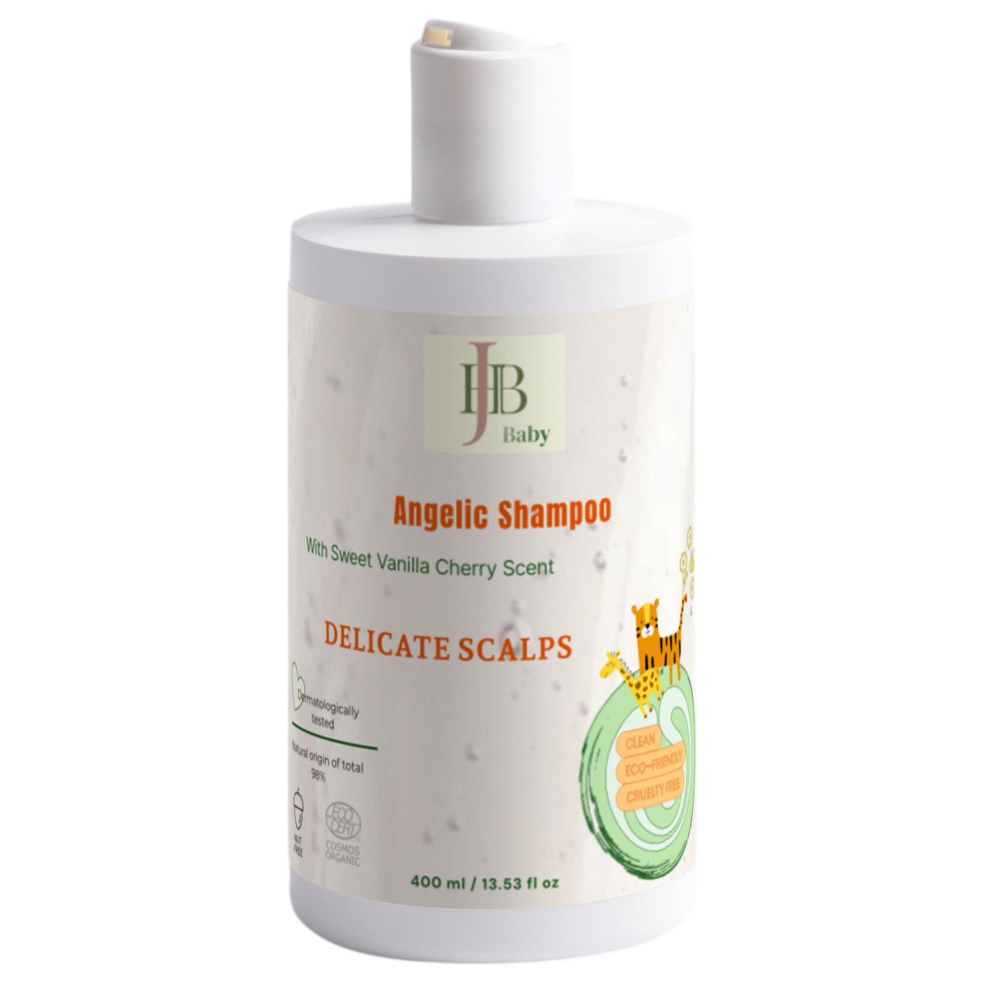 Baby shampoo bottle with label on a white background