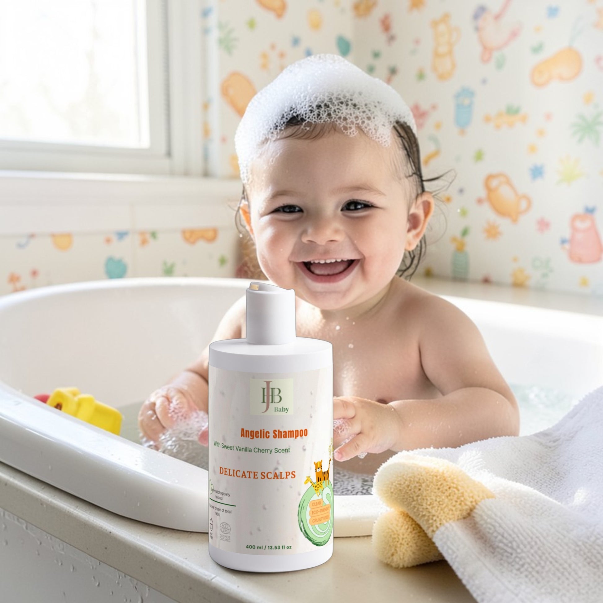 Child in a bathtub with a bottle of baby shampoo