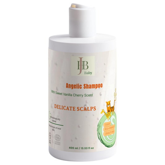 Baby shampoo bottle with label on a white background