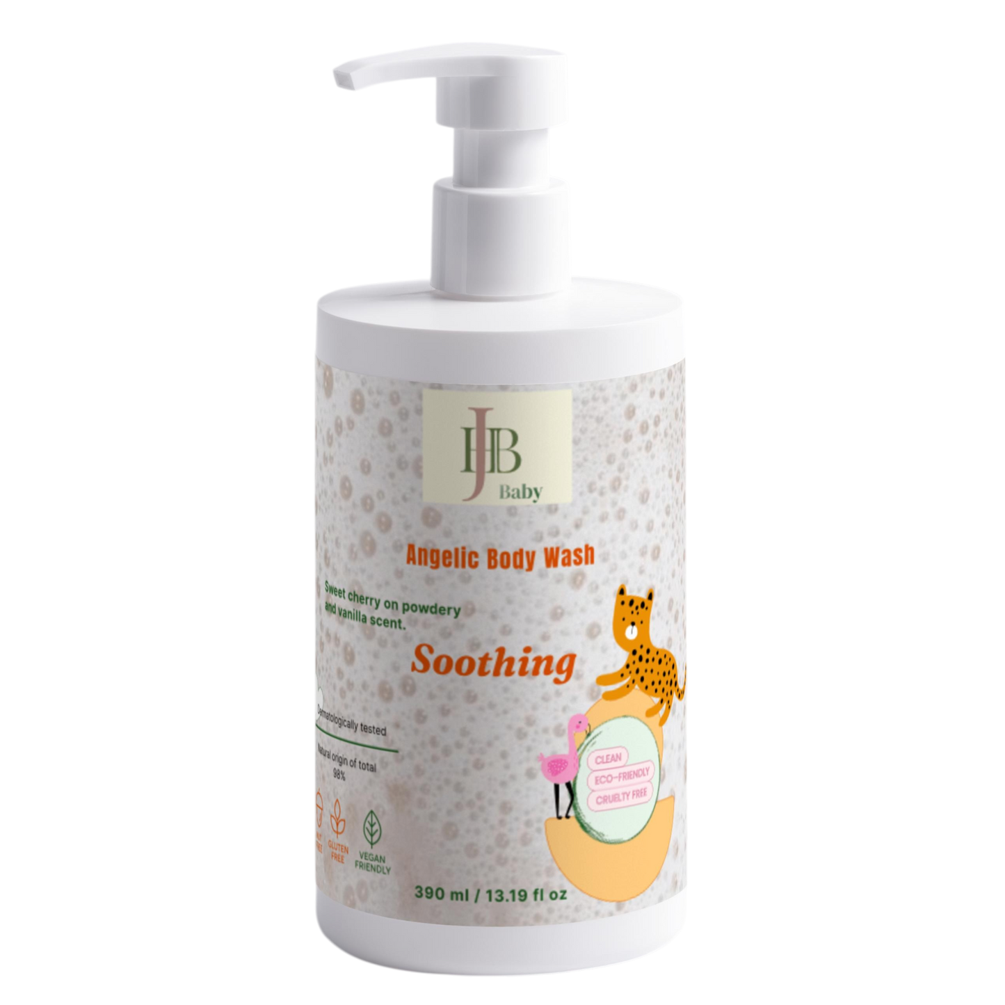 Baby body wash bottle with label on a white background
