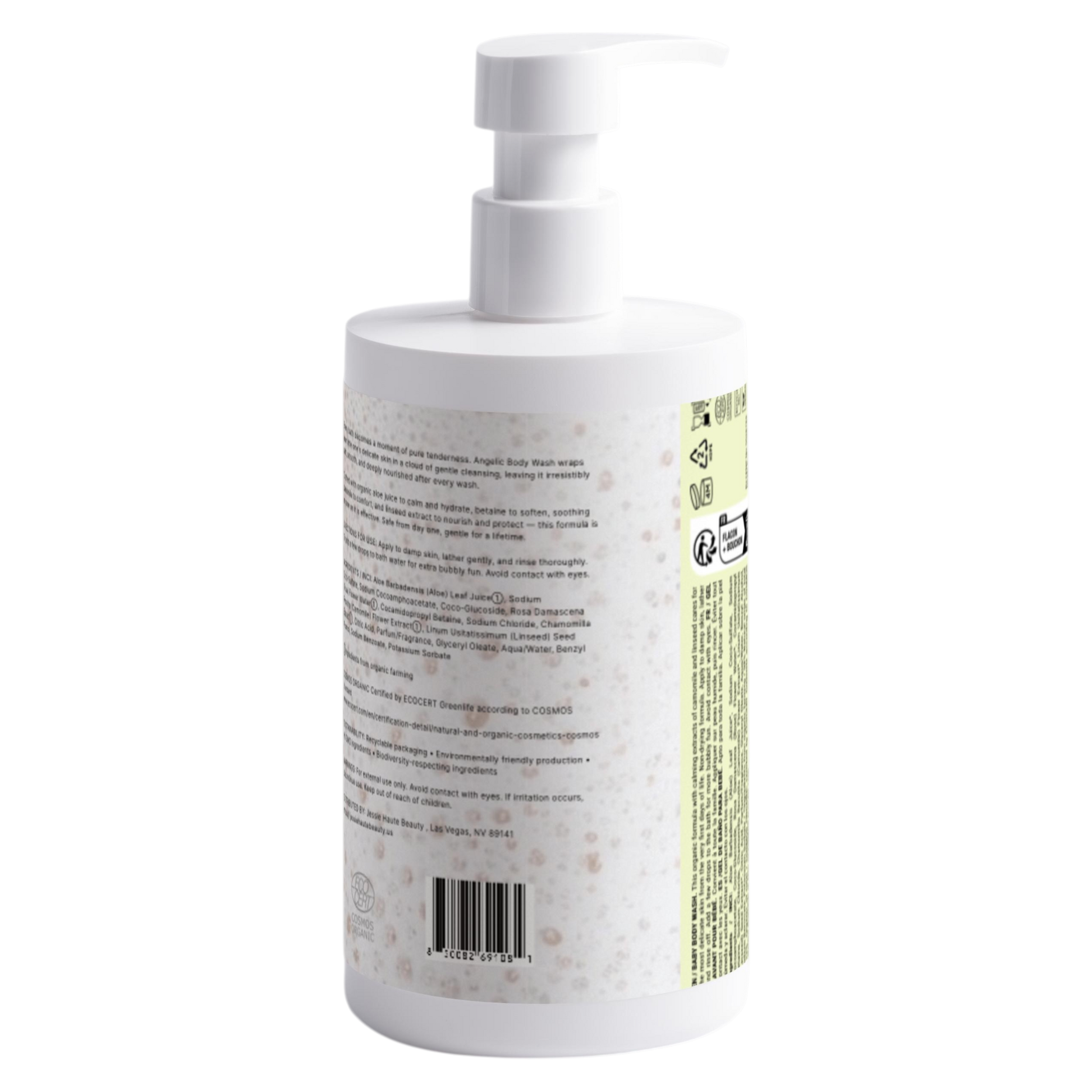 Back view of a white bottle with text and a barcode on a white background