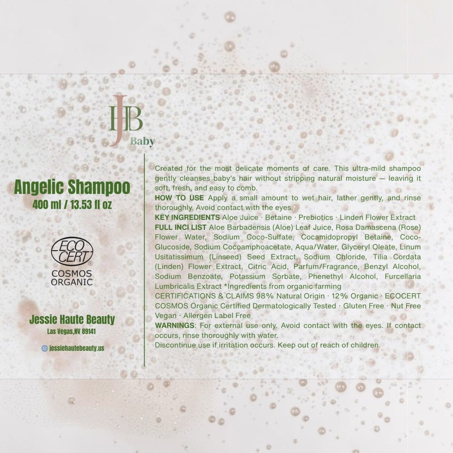 Back label of Angelic Shampoo by Jessie Haute Beauty with product details and certifications.