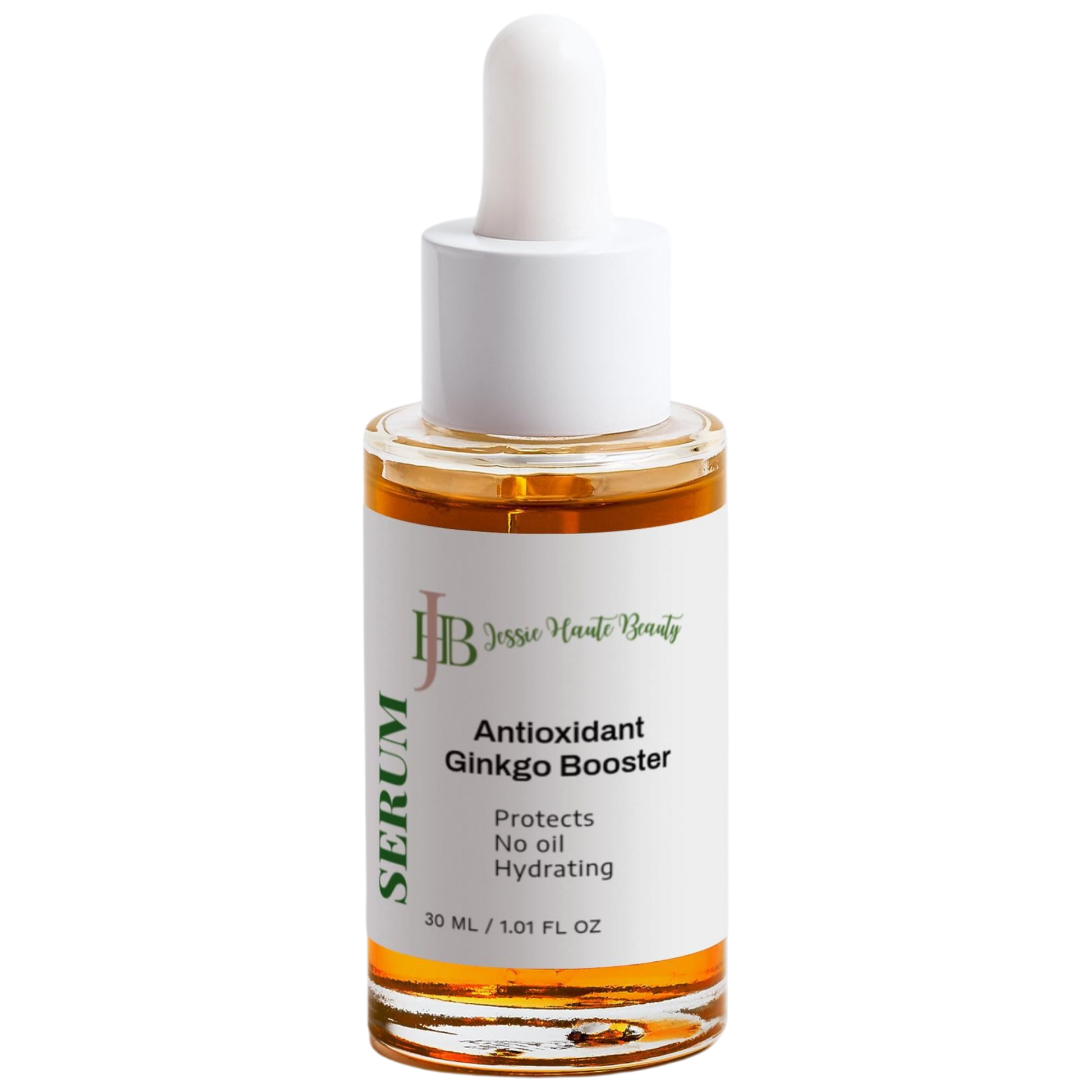 Serum bottle labeled 'Antioxidant Ginkgo Booster' by Jessie Vante Beauty on a white background