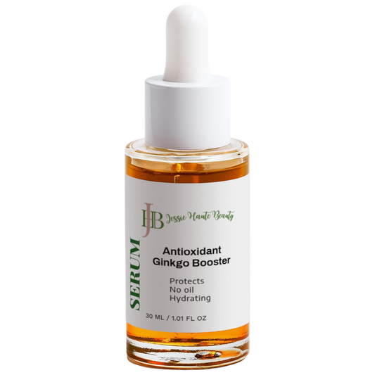 Serum bottle labeled 'Antioxidant Ginkgo Booster' by Jessie Vante Beauty on a white background