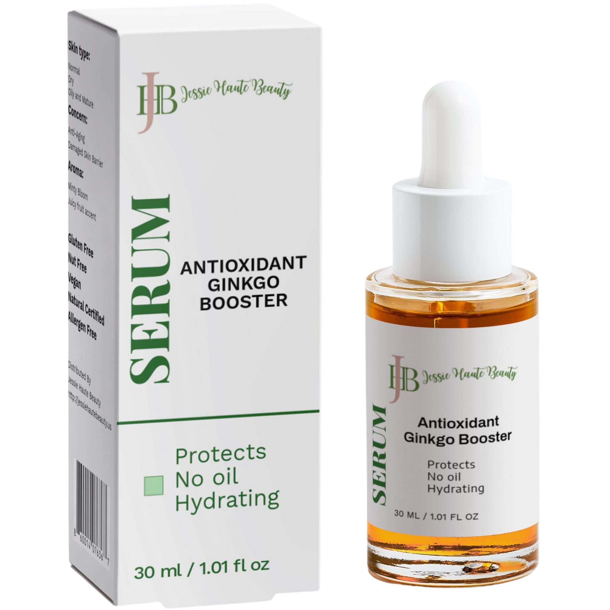 Antioxidant Ginkgo Booster serum bottle and packaging with 'Jesse haute Beauty' branding on a white background.