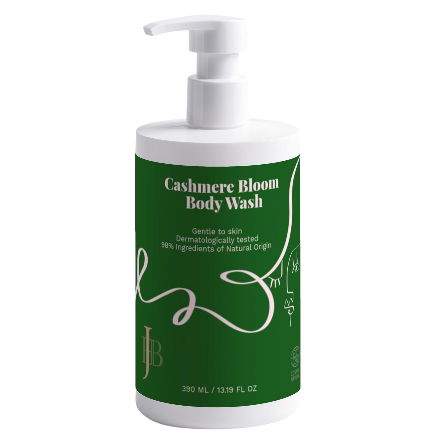 Cashmere Bloom body wash bottle with green label on a white background