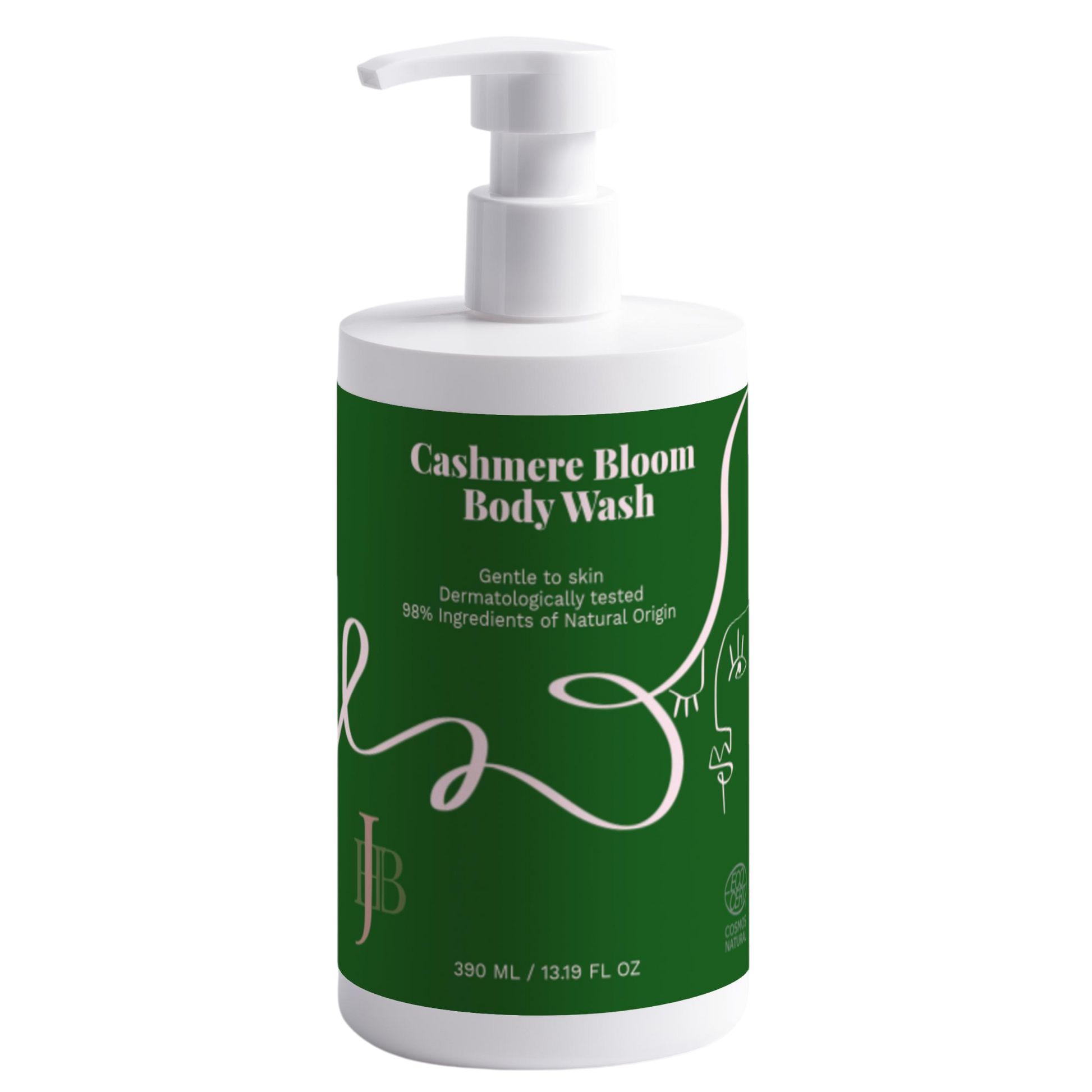 Cashmere Bloom body wash bottle with green label on a white background