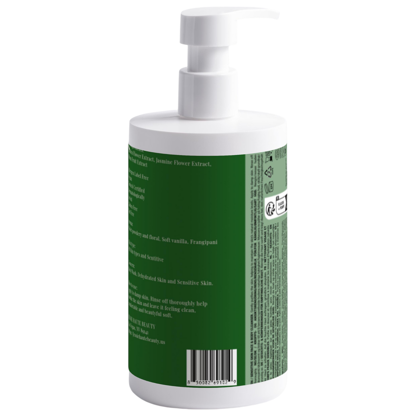 White bottle with green label on a white background