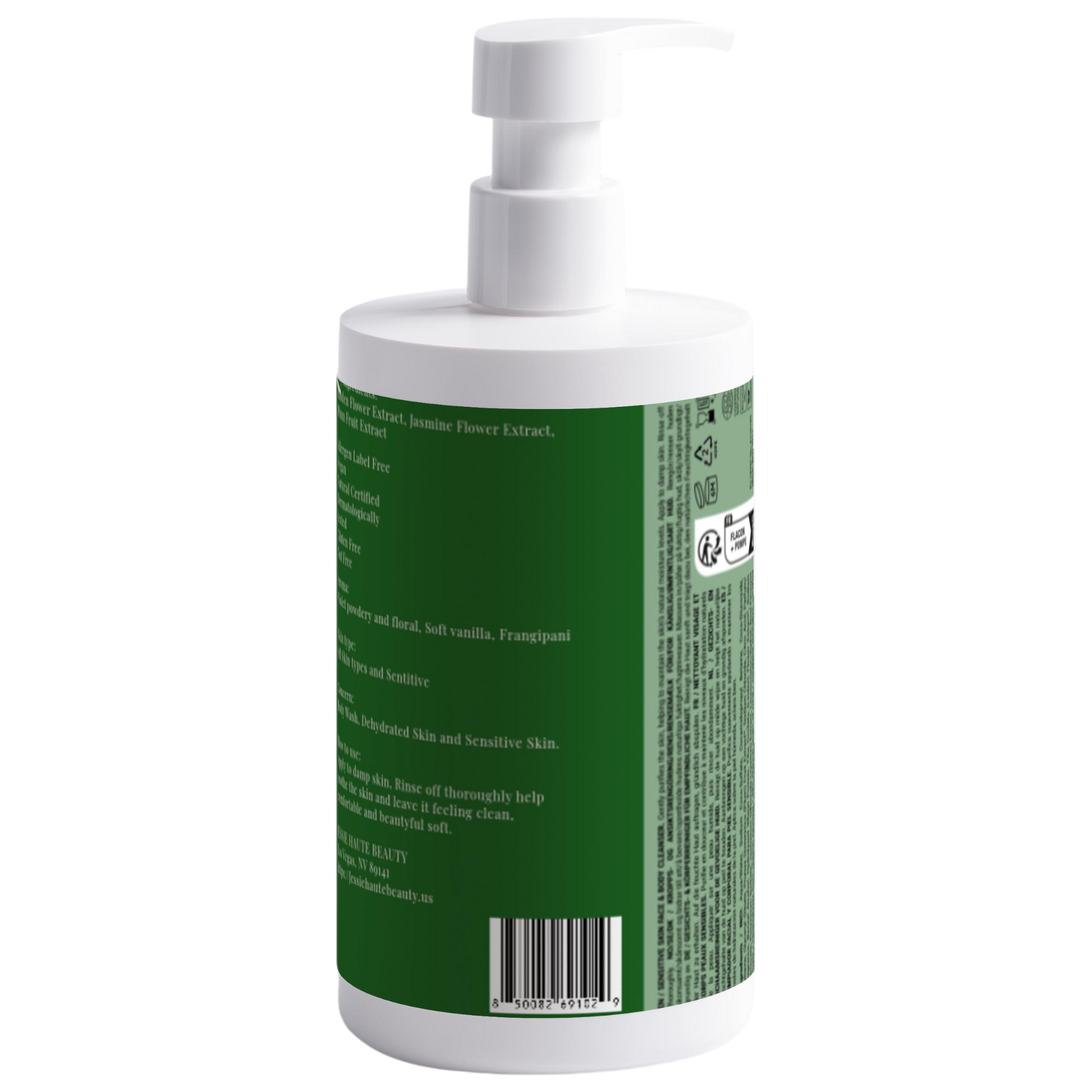 White bottle with green label on a white background