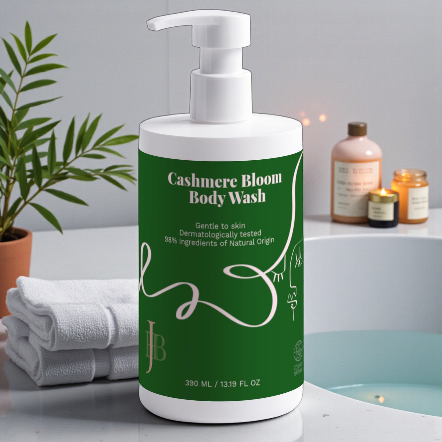 Cashmere Bloom Body Wash bottle on a bathroom counter with towels and candles in the background