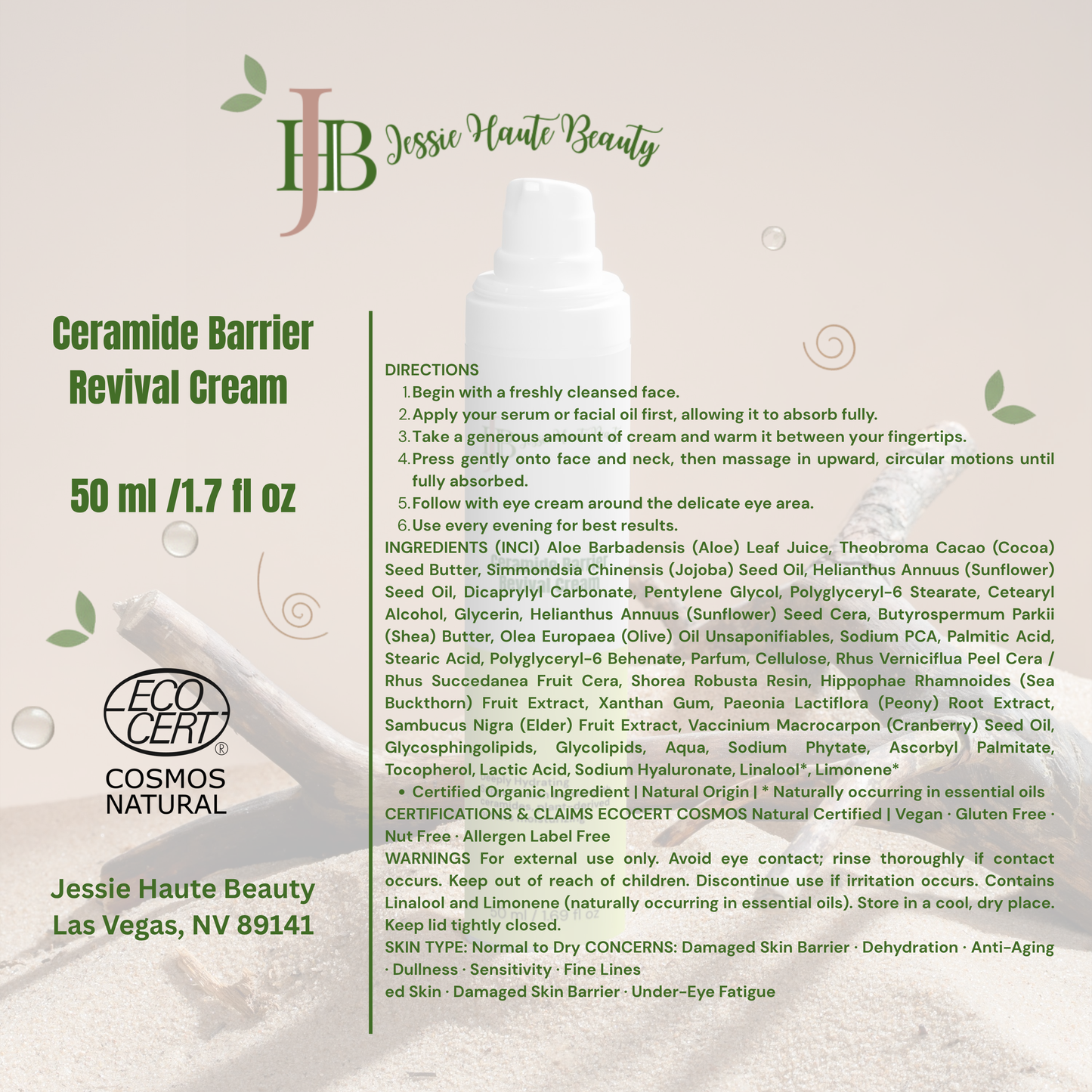 Jessie Haute Beauty Ceramide Barrier Revival Cream packaging with directions and branding details.